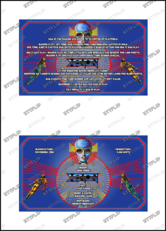 Bally XENON 1980 Playing Cards Rules Instructions Pinball Custom Apron V1