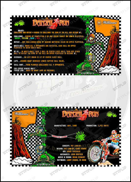 Williams Banzai Run 1988 Game Cards Rules Instructions Pinball Custom Apron