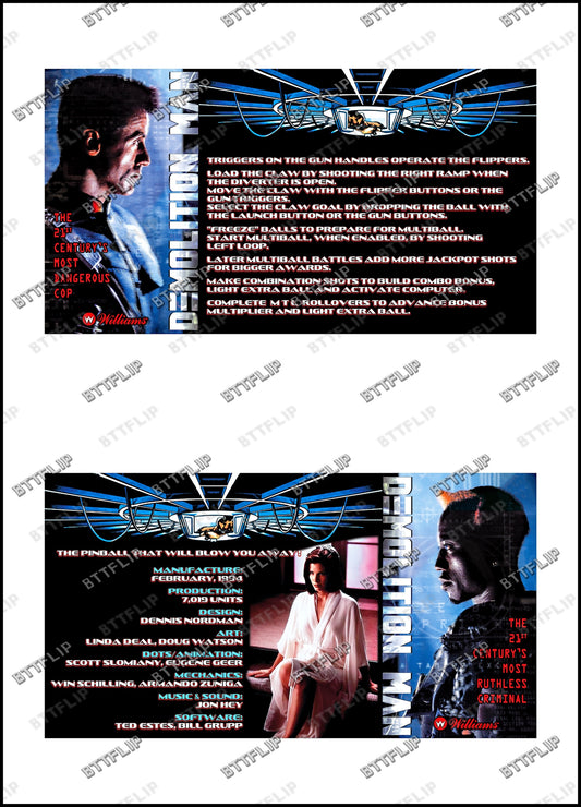 Williams Demolition Man 1994 Jeu Cartes règles Instructions Flipper Custom Apron V1