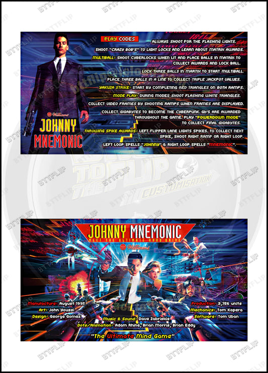Cartes d'instructions custom apron flipper Williams Johnny Mnemonic 1995 V1