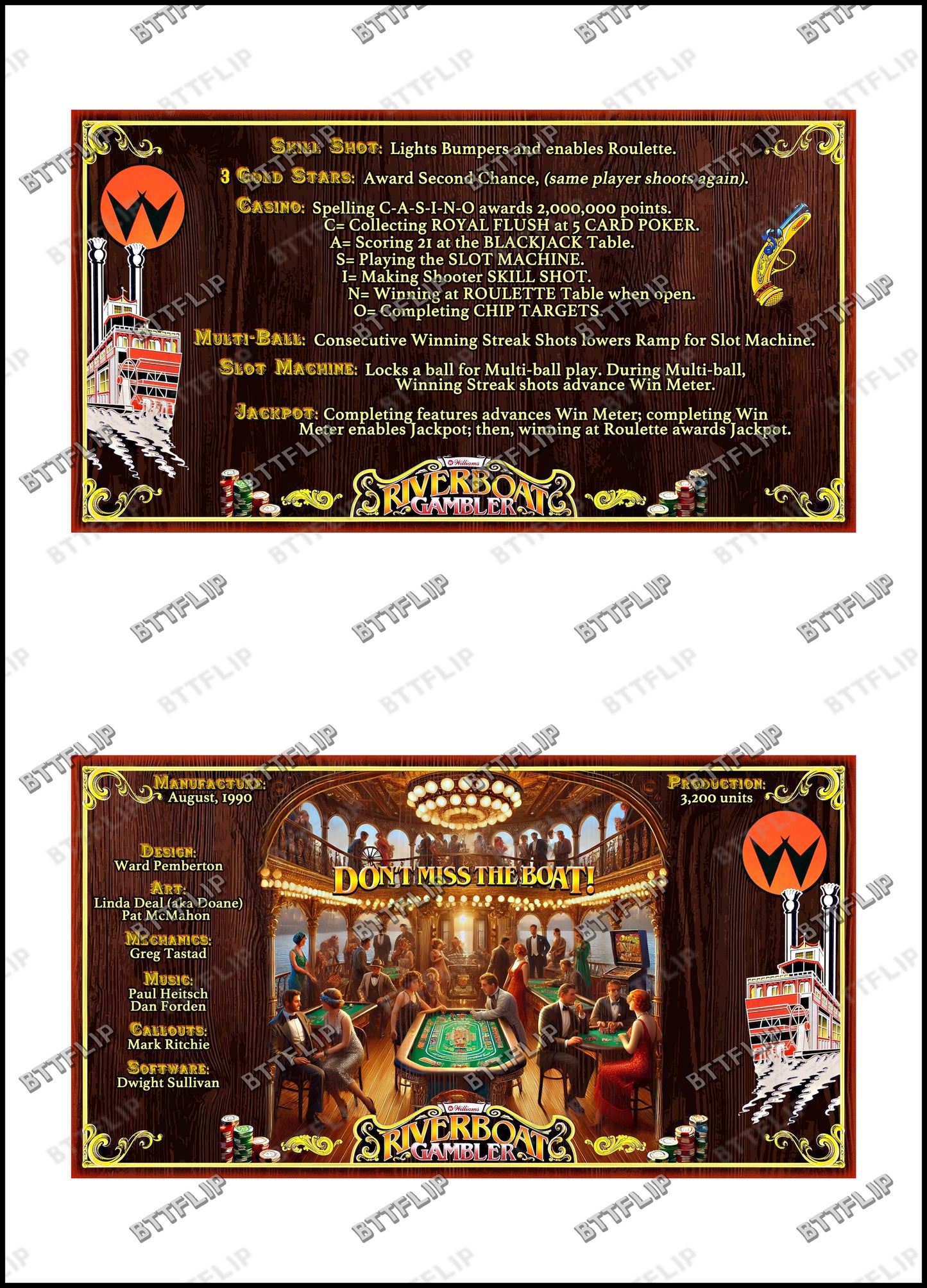 Williams Riverboat Gambler 1990 Card Game Rules Instructions Pinball Custom Apron V1