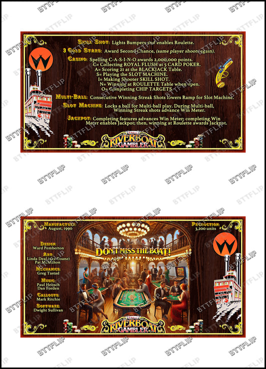 Williams Riverboat Gambler 1990 Jeu Cartes règles Instructions Flipper Custom Apron V1