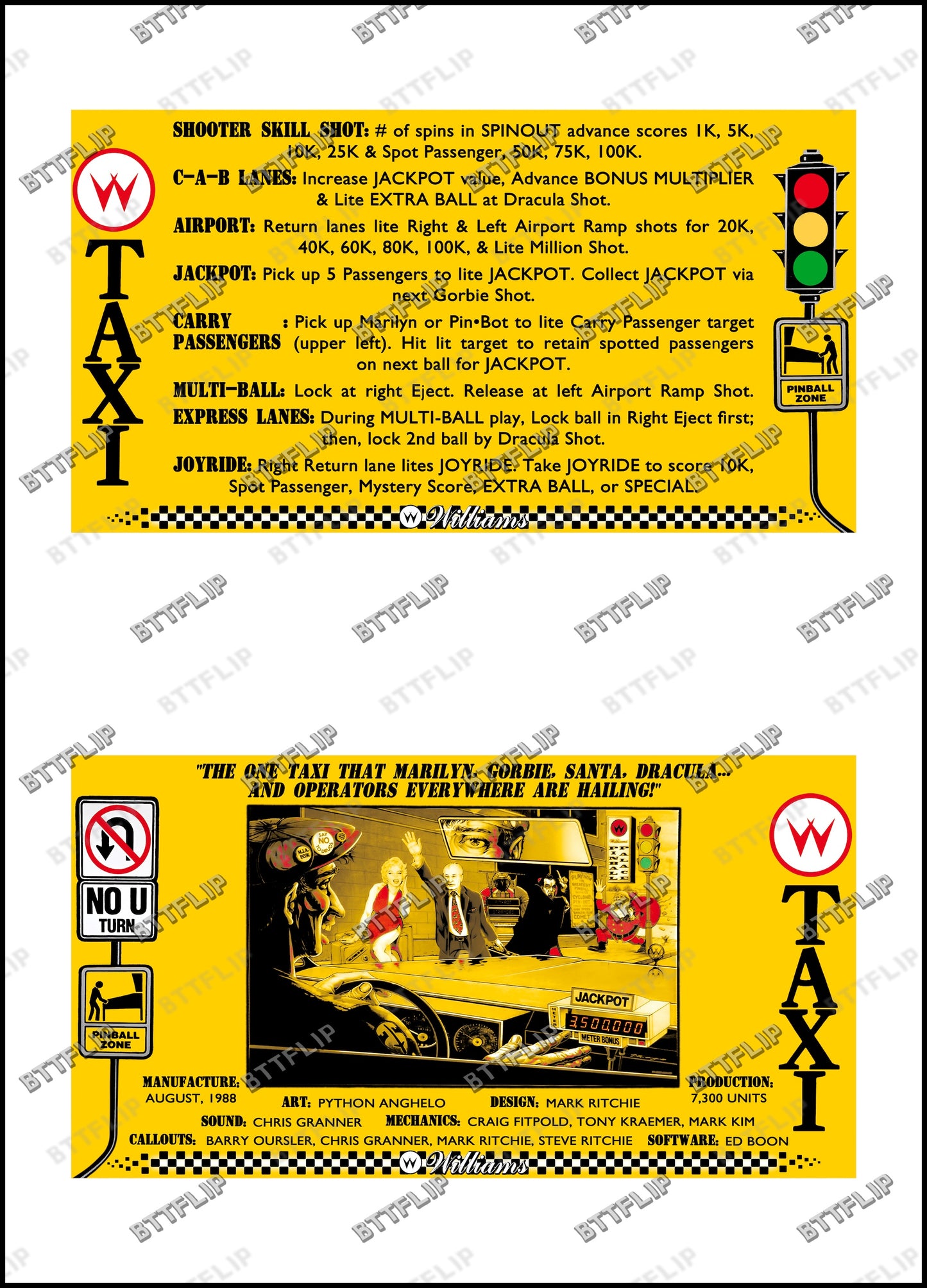 Instrucciones de las tarjetas del juego Williams Taxi 1988, delantal personalizado de pinball, reglas impresas