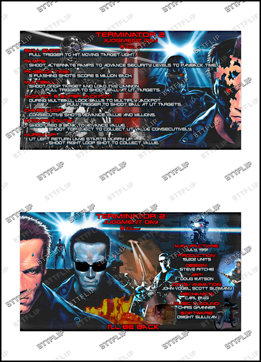 Williams T2 Terminator 2 1991 Game Cards Rules Instructions Pinball Custom Apron V1