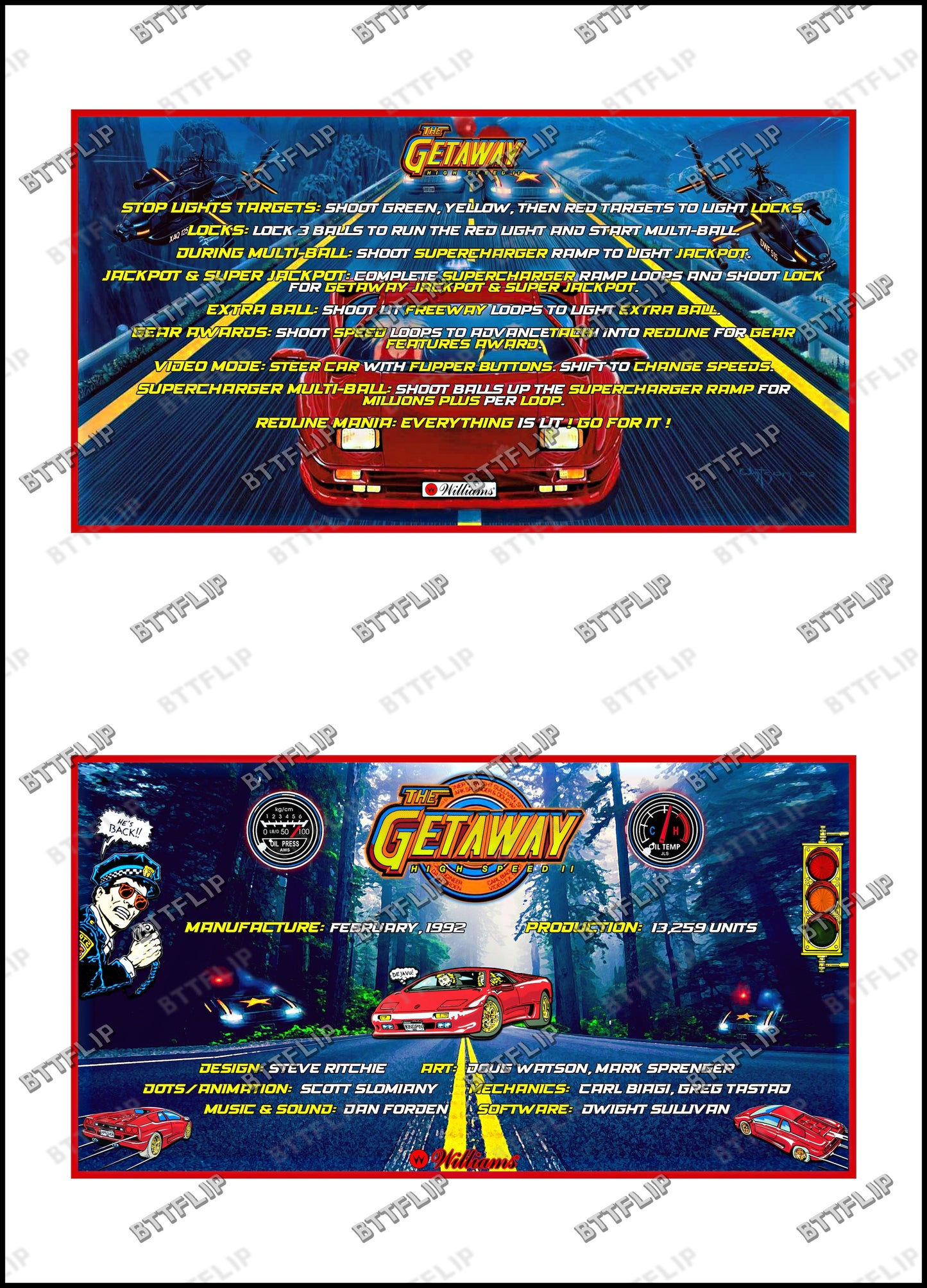 Instrucciones de las tarjetas del juego Williams The Getaway 1992, delantal personalizado de pinball, reglas impresas V1