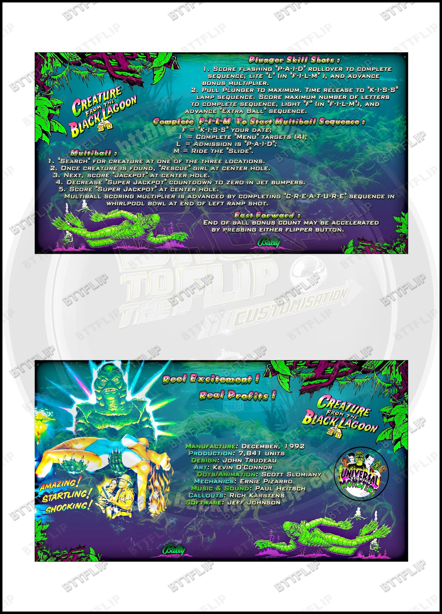Tarjetas de instrucciones custom del delantal de la máquina de pinball Bally Creature From The Black Lagoon 1992 V2 (set de 2)