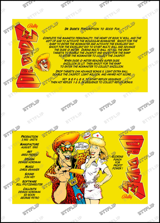 Bally Dr Dude 1990 Game Cards Rules Instructions Pinball Custom Apron V2
