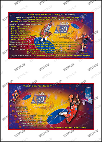 Bally NBA FASTBREAK 1997 Juego Tarjetas reglas Instrucciones Pinball Custom Delantal V2