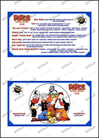 Bally Popeye 1994 Juego Cartas Reglas Instrucciones Pinball Delantal Personalizado V2
