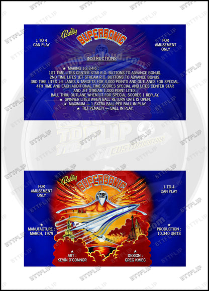 Cartes d'instructions custom apron flipper Bally Supersonic 1979 V2 (set de 2)