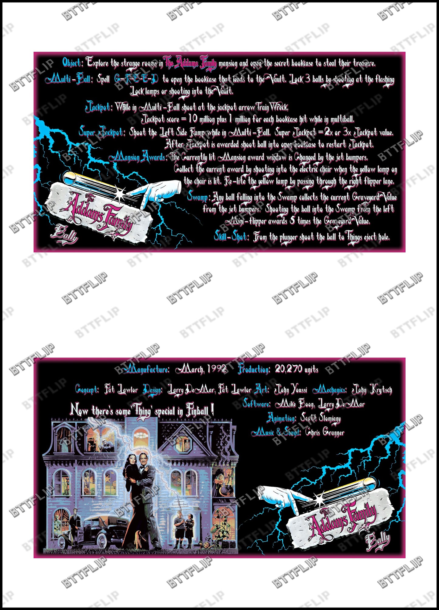 Instrucciones de las tarjetas del juego Bally The Addams Family 1992, máquina de pinball, delantal personalizado, reglas impresas V2