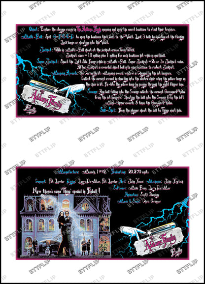 Instrucciones de las tarjetas del juego Bally The Addams Family 1992, máquina de pinball, delantal personalizado, reglas impresas V2