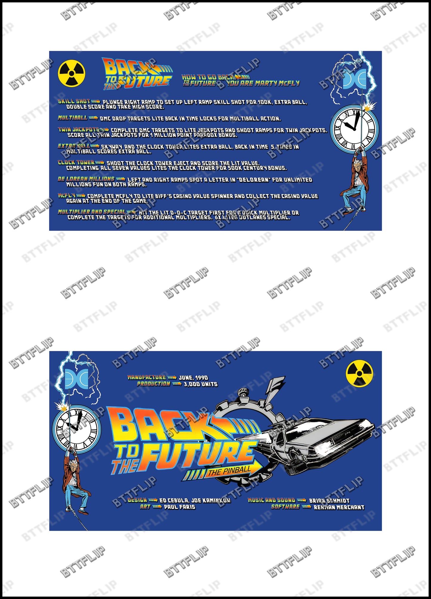 Data East Back To The Future 1990 Jeu Cartes règles Instructions Flipper Custom Apron V2