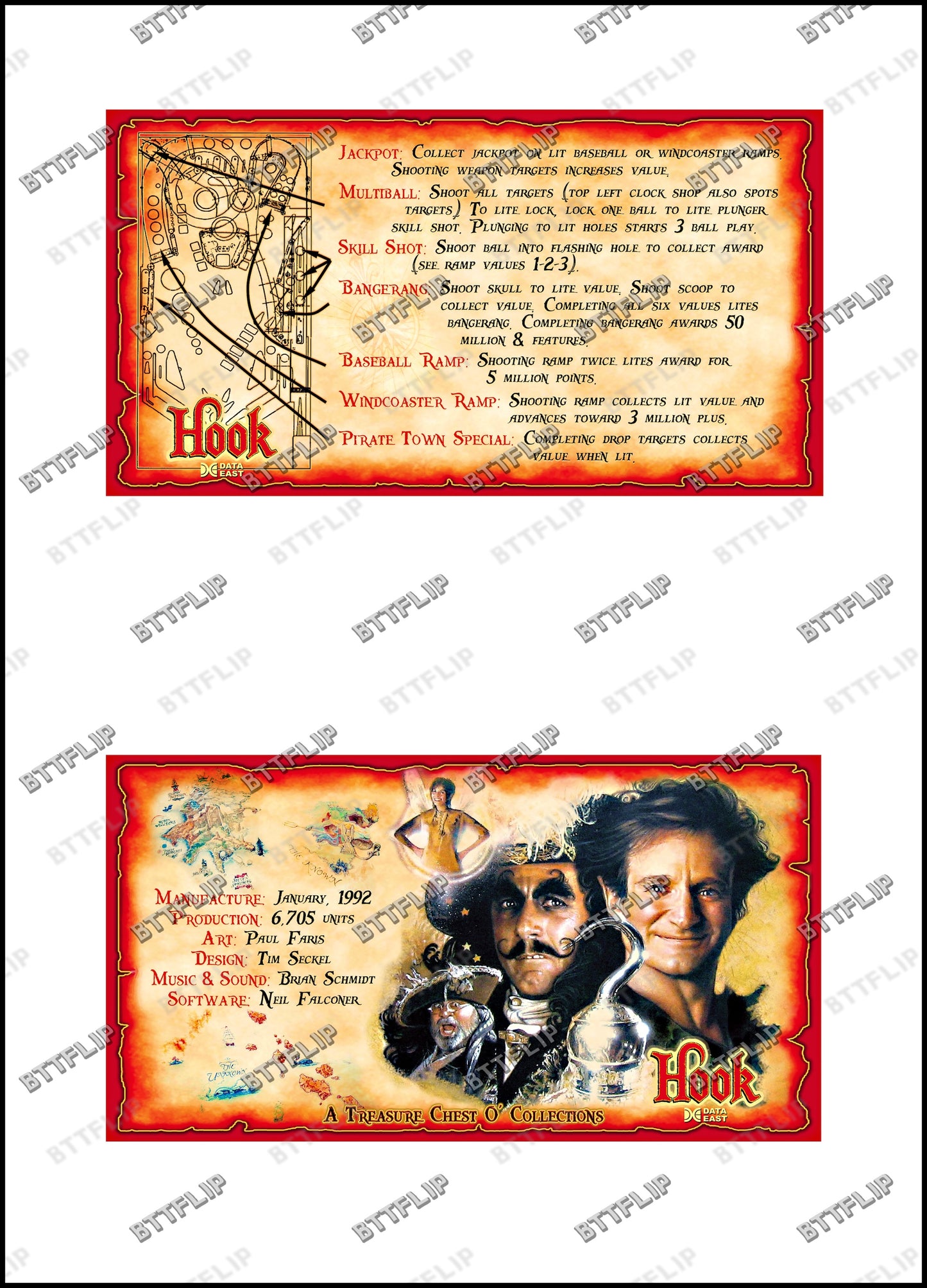Data East Hook 1992 Game Cards Rules Instructions Pinball Custom Apron V2