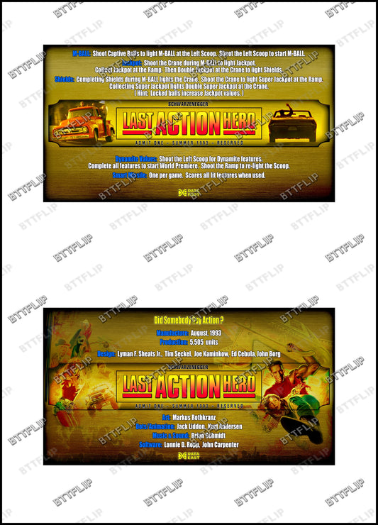 Data East Last Action Hero 1993 Game Cards Rules Instructions Pinball Custom Apron V2