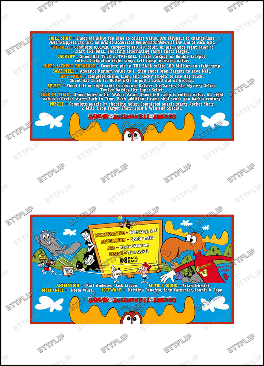 Data East THE ADVENTURES OF ROCKY AND BULLWINKLE AND FRIENDS 1993 Jeu Cartes règles Instructions Flipper Custom Apron V2