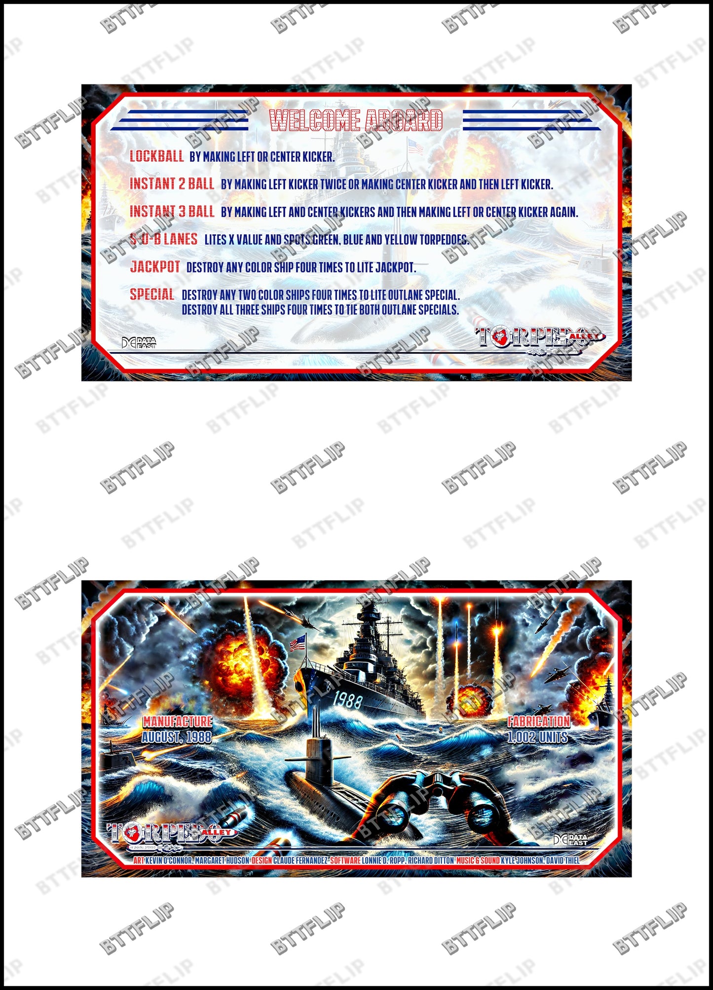 Data Torpedo Alley 1988 Jeu Cartes règles Instructions Flipper Custom Apron V2