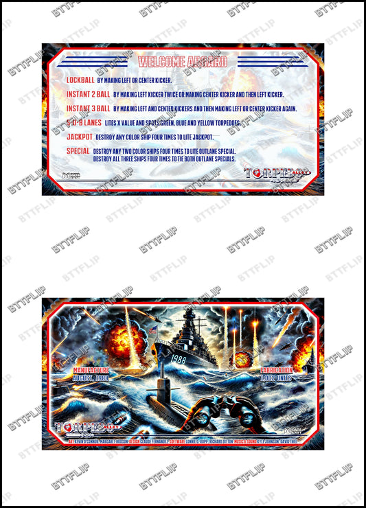 Data Torpedo Alley 1988 Jeu Cartes règles Instructions Flipper Custom Apron V2