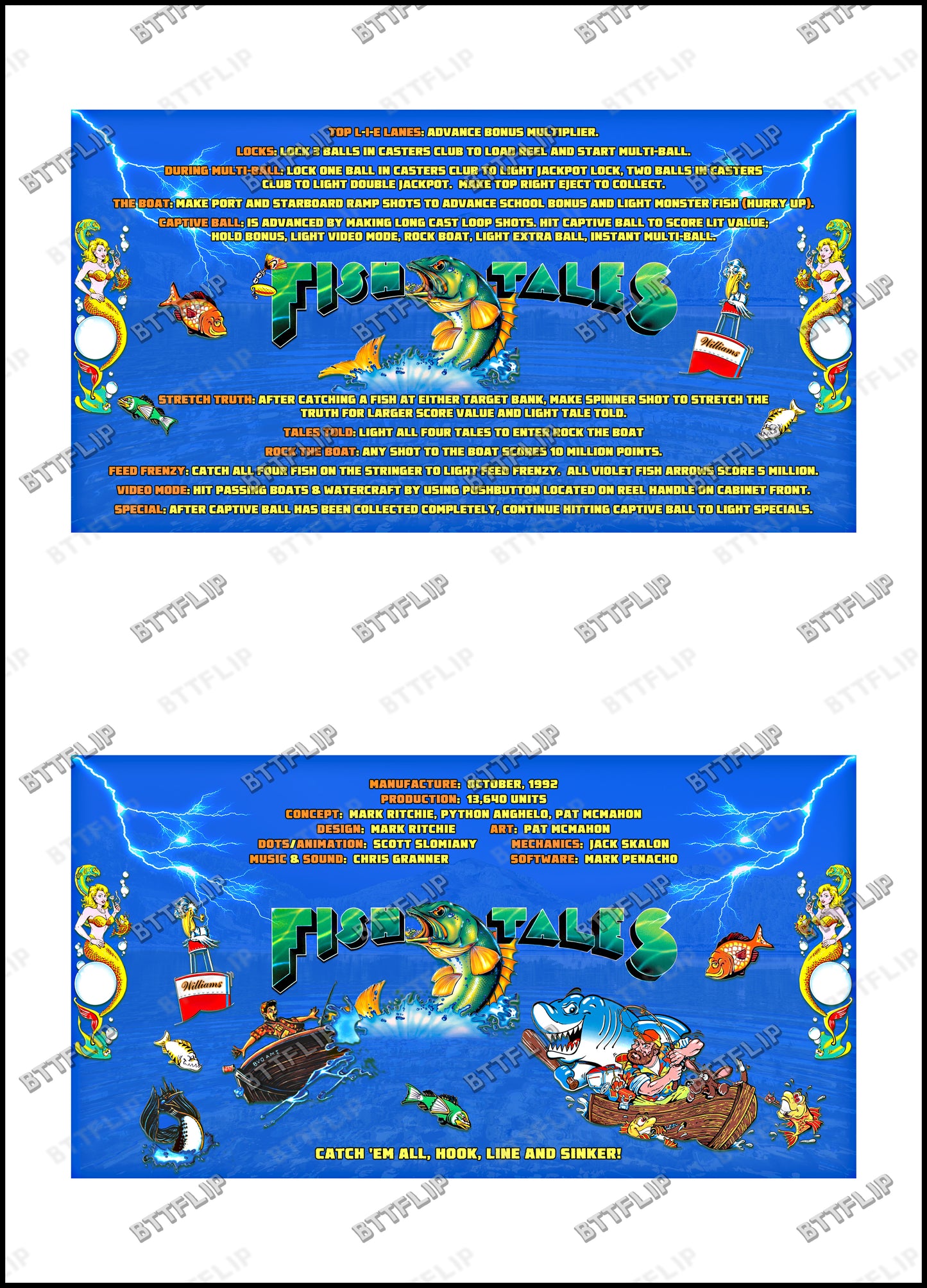Instrucciones de las tarjetas del juego Williams Fish Tales 1992, delantal personalizado de pinball, reglas impresas V2