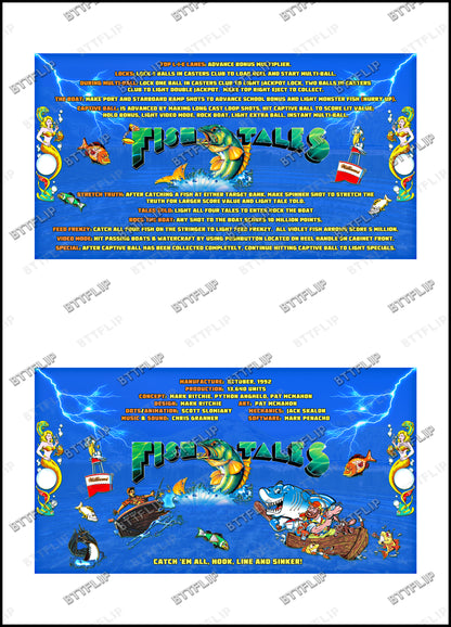 Instrucciones de las tarjetas del juego Williams Fish Tales 1992, delantal personalizado de pinball, reglas impresas V2