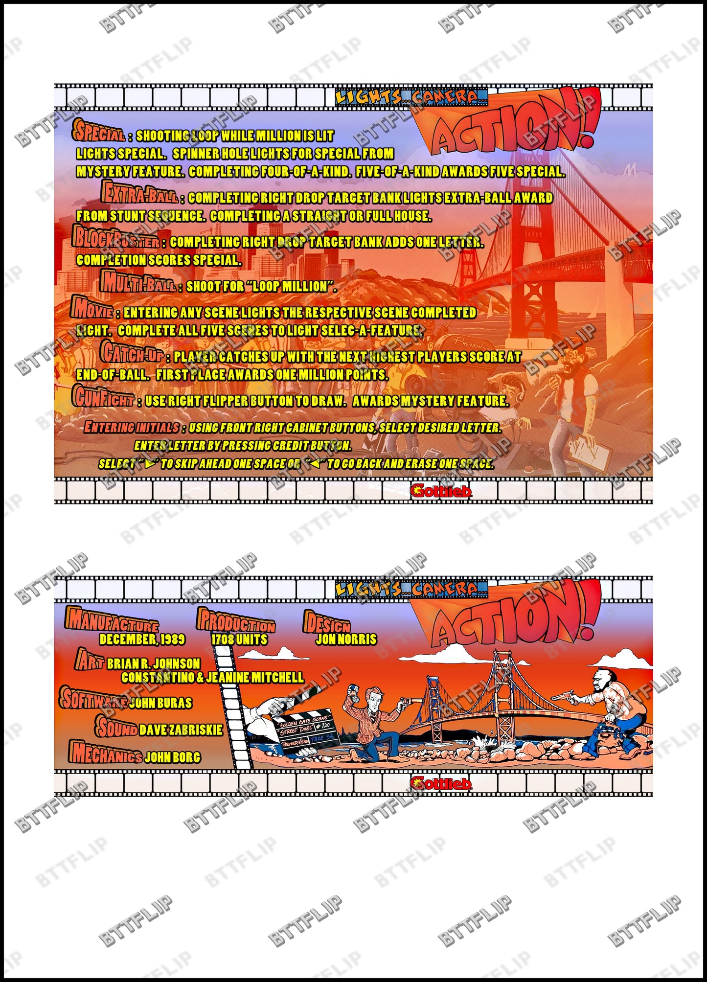 Gottlieb Light Camera Action 1989 Juego Cartas Reglas Instrucciones Pinball Custom Delantal V2