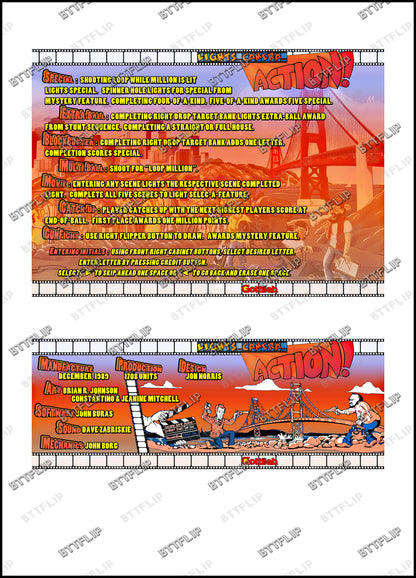 Gottlieb Light Camera Action 1989 Juego Cartas Reglas Instrucciones Pinball Custom Delantal V2