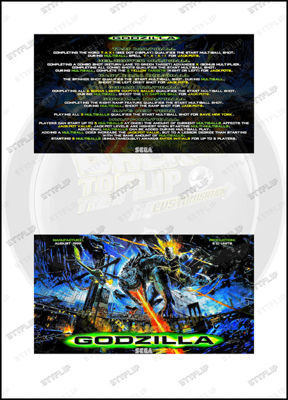 Cartes d'instructions custom apron flipper SEGA GODZILLA 1998 V2 (set de 2)