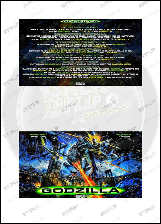 Cartes d'instructions custom apron flipper SEGA GODZILLA 1998 V2 (set de 2)