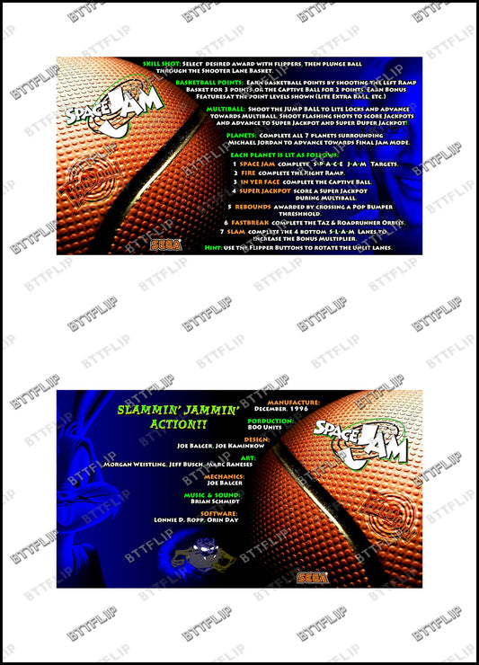 Reglas e instrucciones de las tarjetas de juego SEGA Space Jam 1996 Delantal personalizado de pinball V2