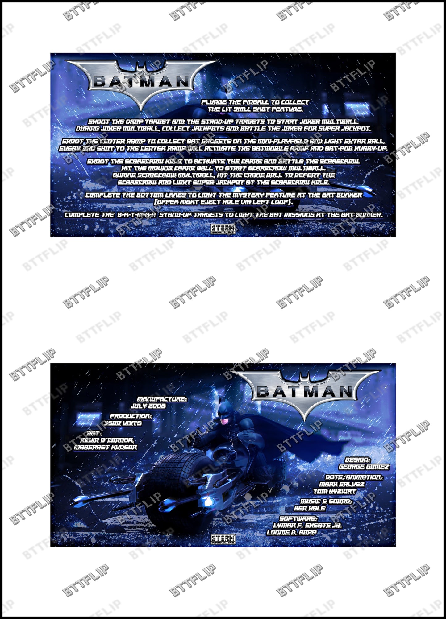 Stern Batman El Caballero Oscuro 2008 Juego de cartas reglas Instrucciones Pinball Delantal personalizado V2