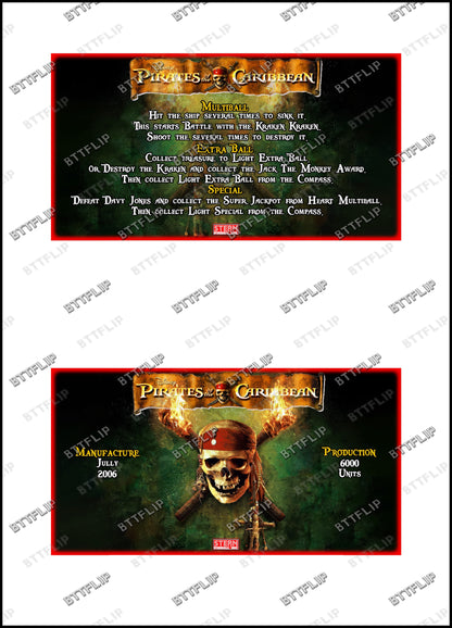 Stern Piratas del Caribe 2006 Juego de Cartas Reglas Instrucciones Pinball Custom Apron V2