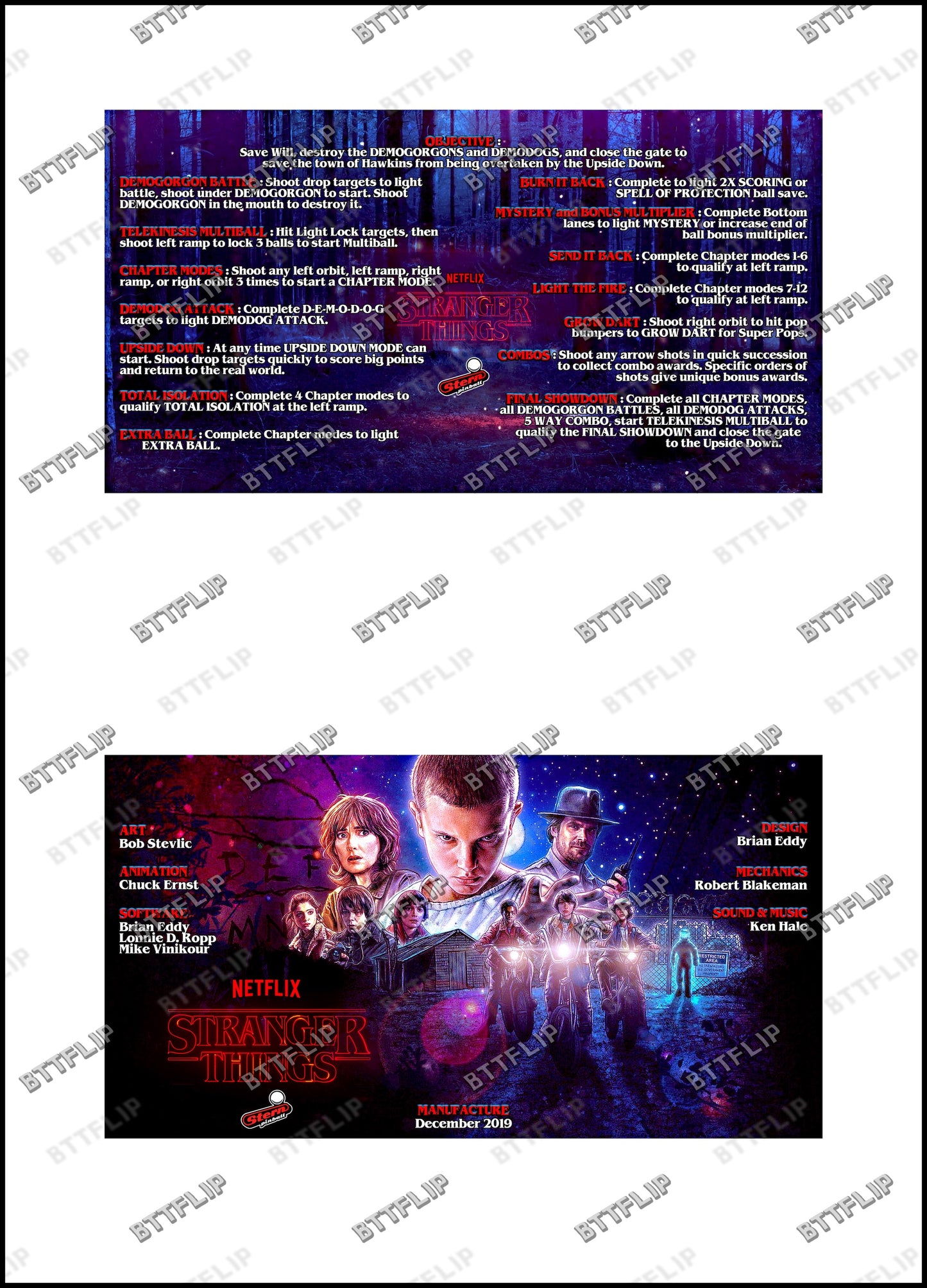 Instrucciones de las tarjetas del juego Stern Stranger Things 2019, delantal personalizado de pinball, reglas impresas V2