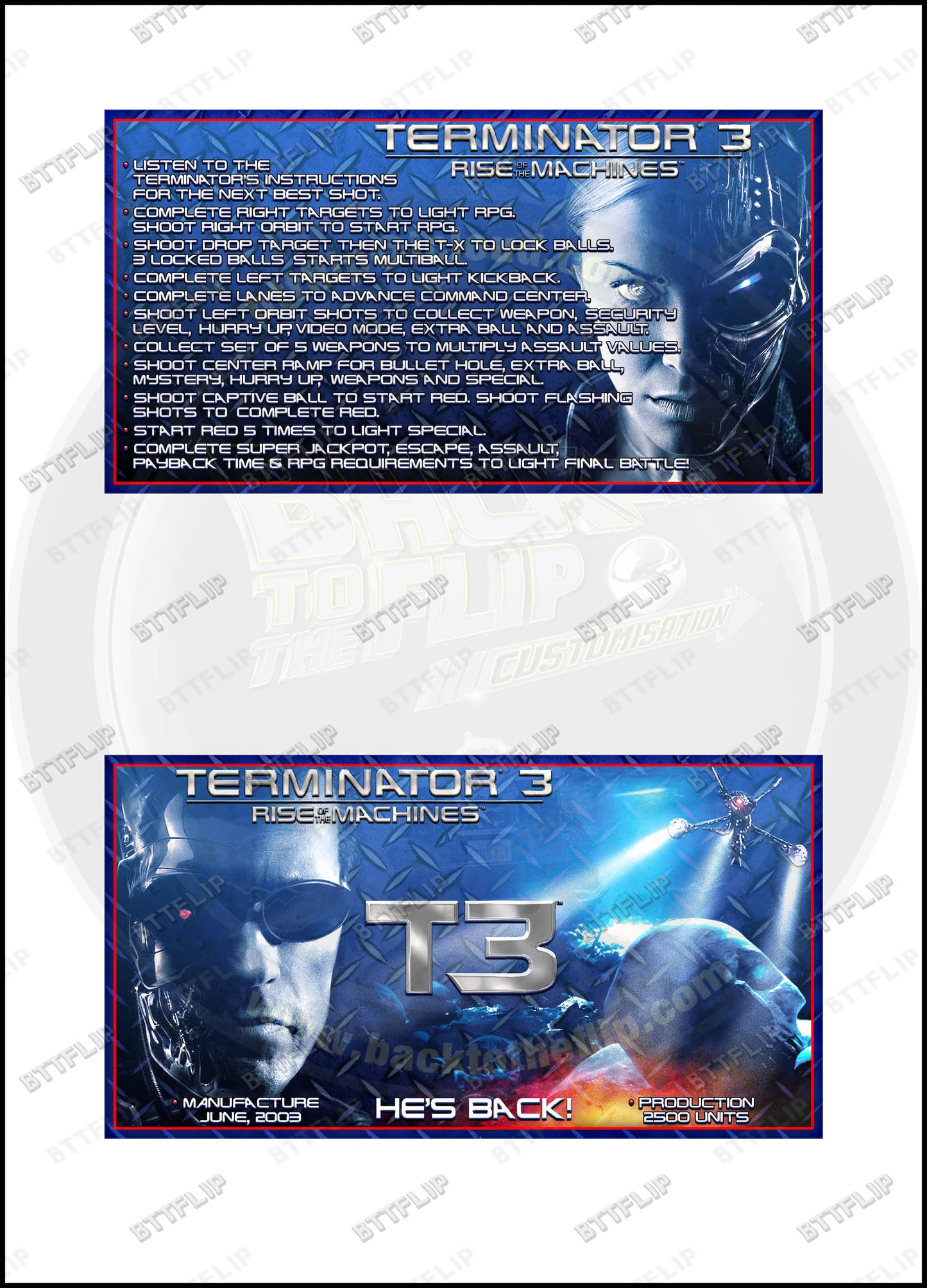 Cartes d'instructions custom apron flipper Stern Terminator 3 Rise of the Machines 2003 V2 (set de 2)