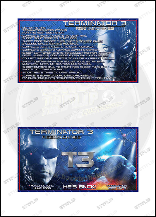 Cartes d'instructions custom apron flipper Stern Terminator 3 Rise of the Machines 2003 V2 (set de 2)