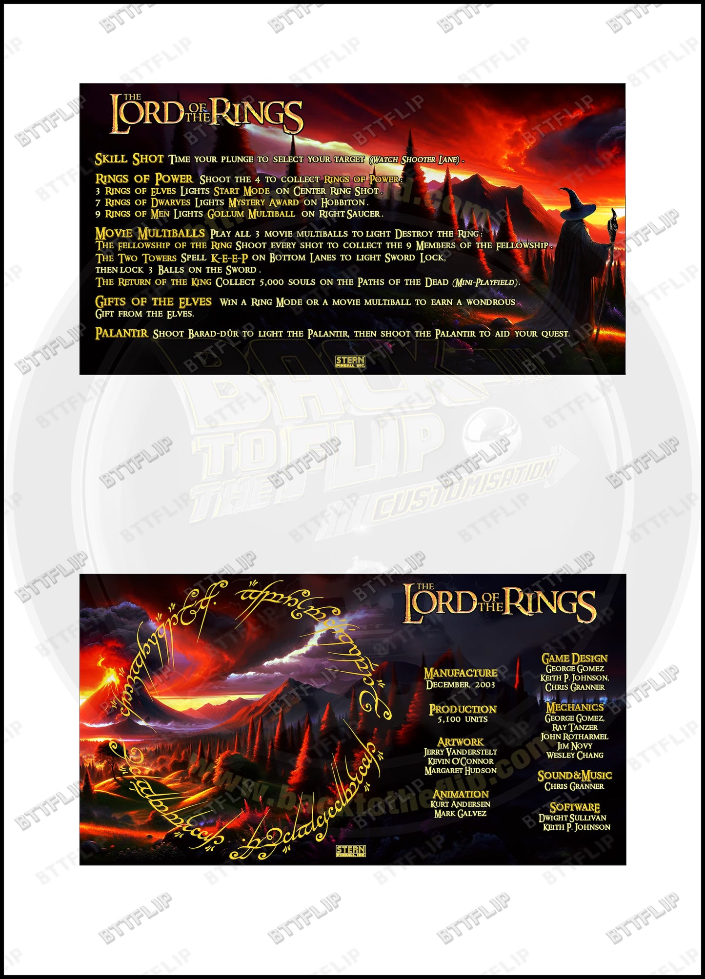 Stern The Lord Of The Rings 2003 Card Game Rules Instructions Pinball Custom Apron V2