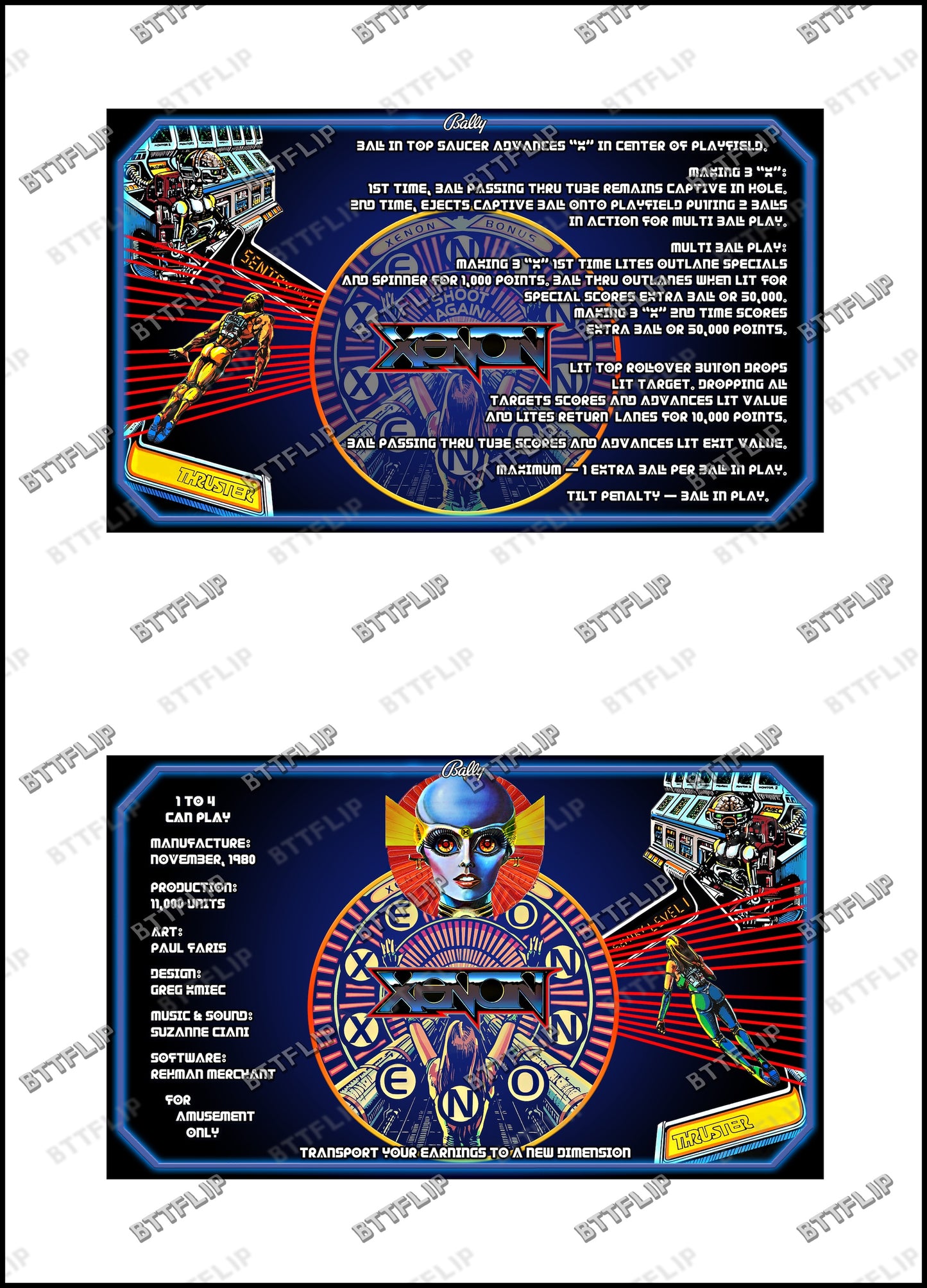 Bally XENON 1980 Juego Cartas Reglas Instrucciones Pinball Custom Apron V2