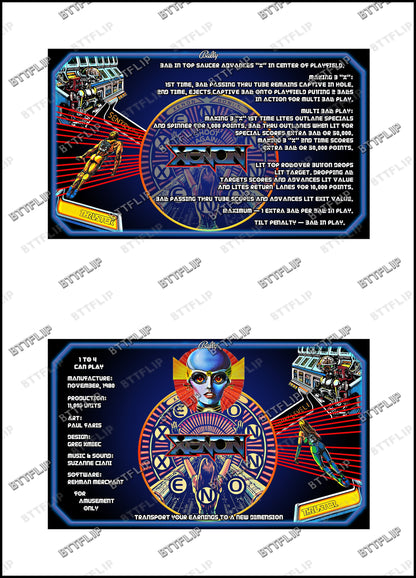 Bally XENON 1980 Juego Cartas Reglas Instrucciones Pinball Custom Apron V2