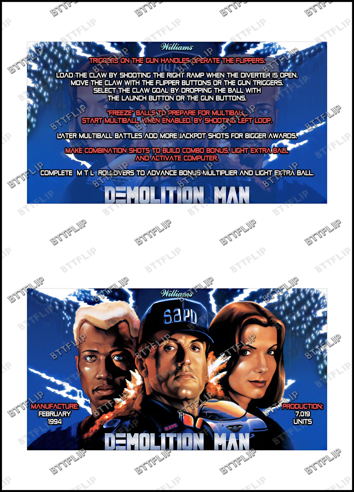 Williams Demolition Man 1994 Juego de cartas, reglas e instrucciones Pinball Delantal personalizado V2