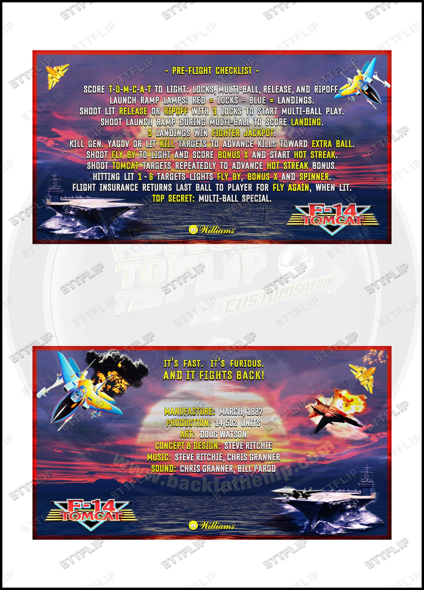 Williams F-14 Tomcat 1987 Jeu Cartes règles Instructions Flipper Custom Apron V2