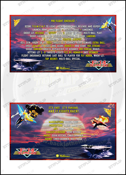 Williams F-14 Tomcat 1987 Jeu Cartes règles Instructions Flipper Custom Apron V2