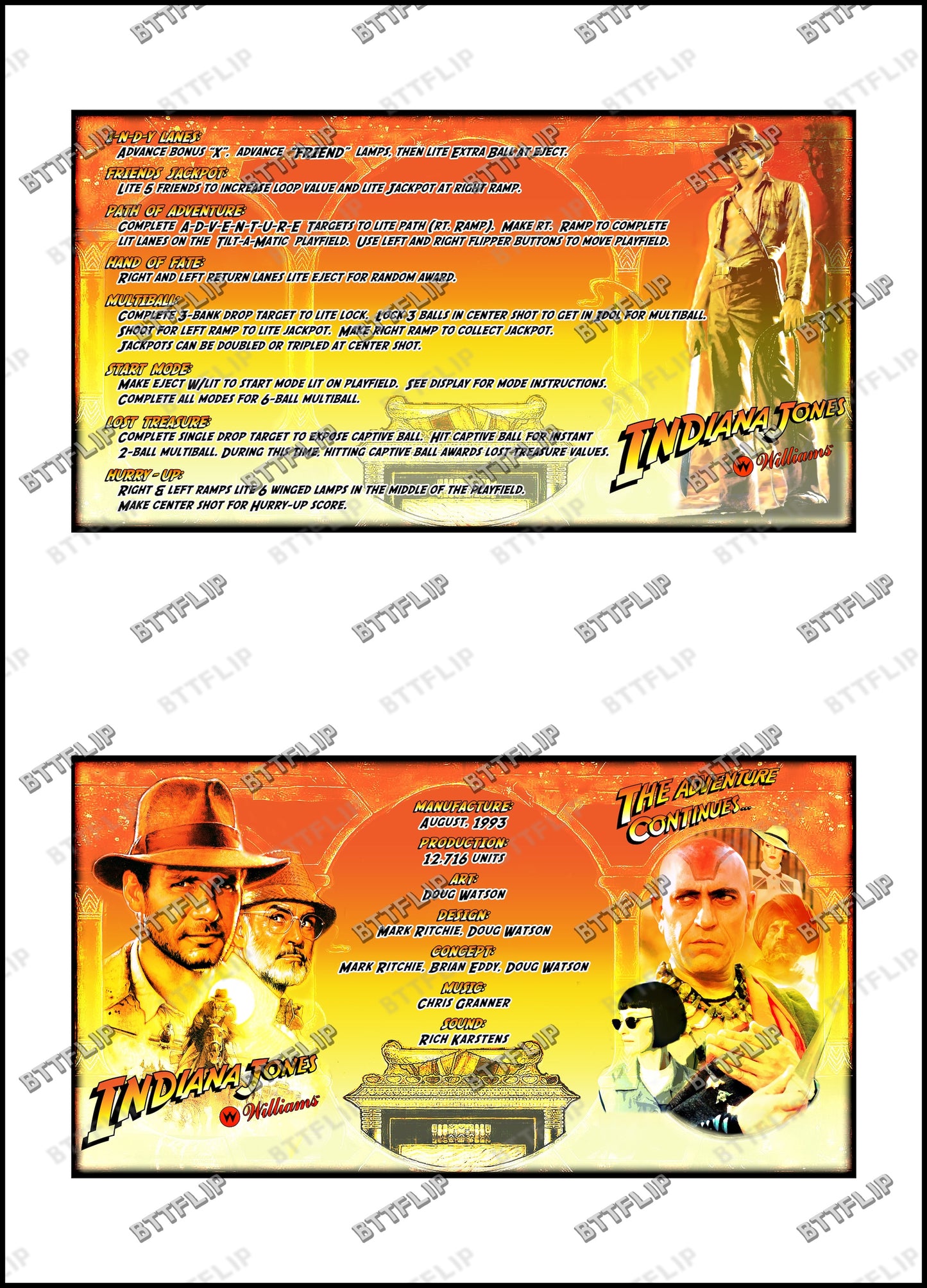 Williams Indiana Jones 1993  Jeu Cartes règles Instructions Flipper Custom Apron V2