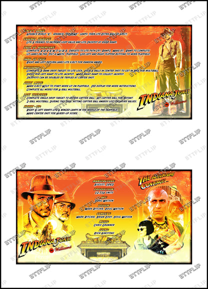 Williams Indiana Jones 1993  Jeu Cartes règles Instructions Flipper Custom Apron V2