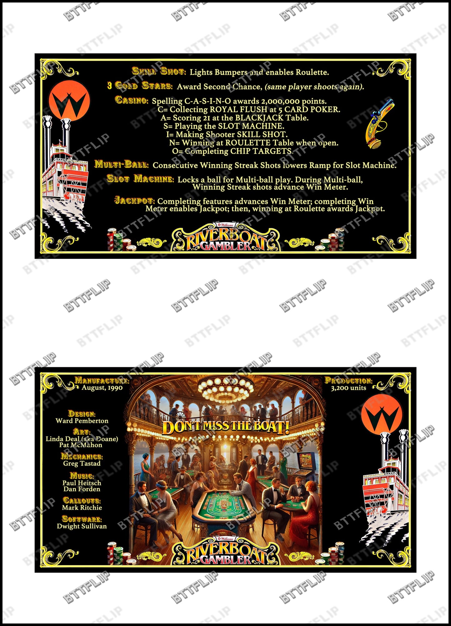 Williams Riverboat Gambler 1990 Juego Cartas Reglas Instrucciones Pinball Custom Apron V2