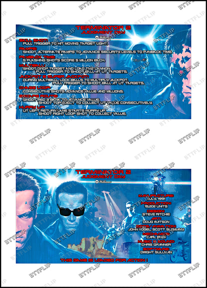 Williams T2 Terminator 2 1991 Juego Cartas reglas Instrucciones Pinball Custom Apron V2
