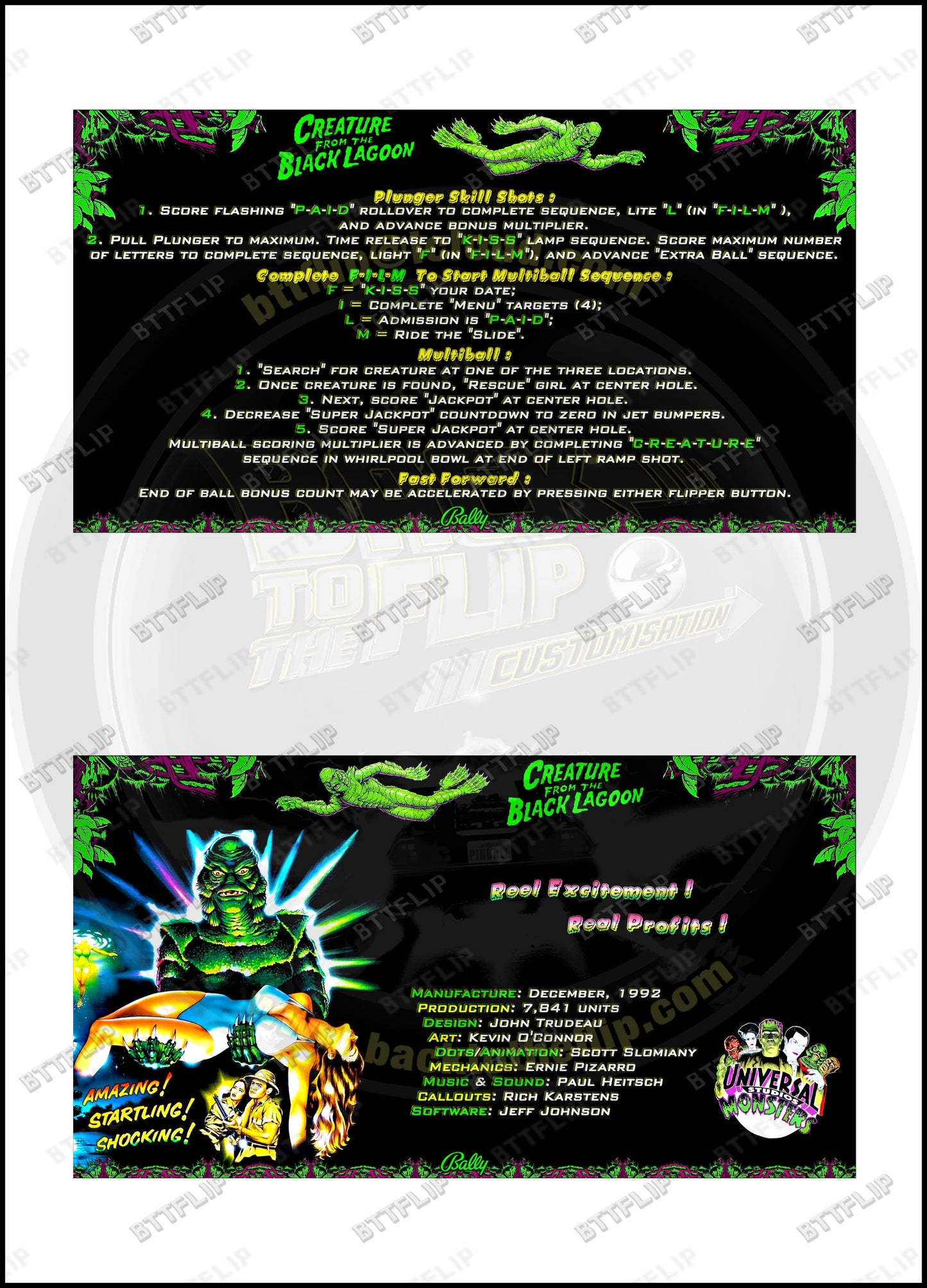 Cartes d'instructions custom apron flipper Bally Creature From The Black Lagoon 1992 V3 (set de 2)