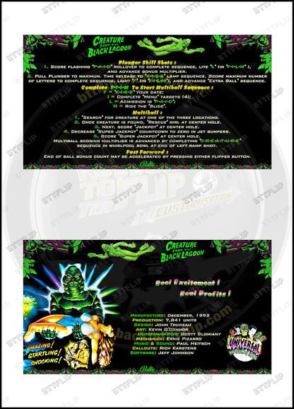 Cartes d'instructions custom apron flipper Bally Creature From The Black Lagoon 1992 V3 (set de 2)
