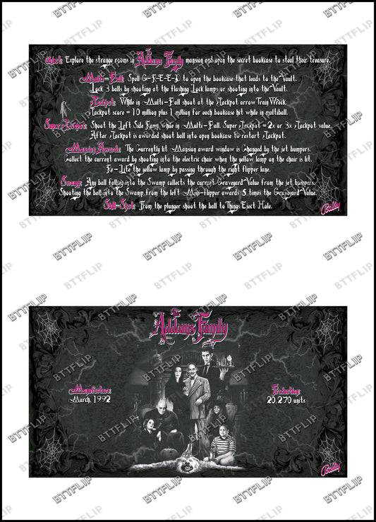 Instrucciones de las tarjetas del juego Bally The Addams Family 1992, delantal personalizado de pinball, reglas impresas V3