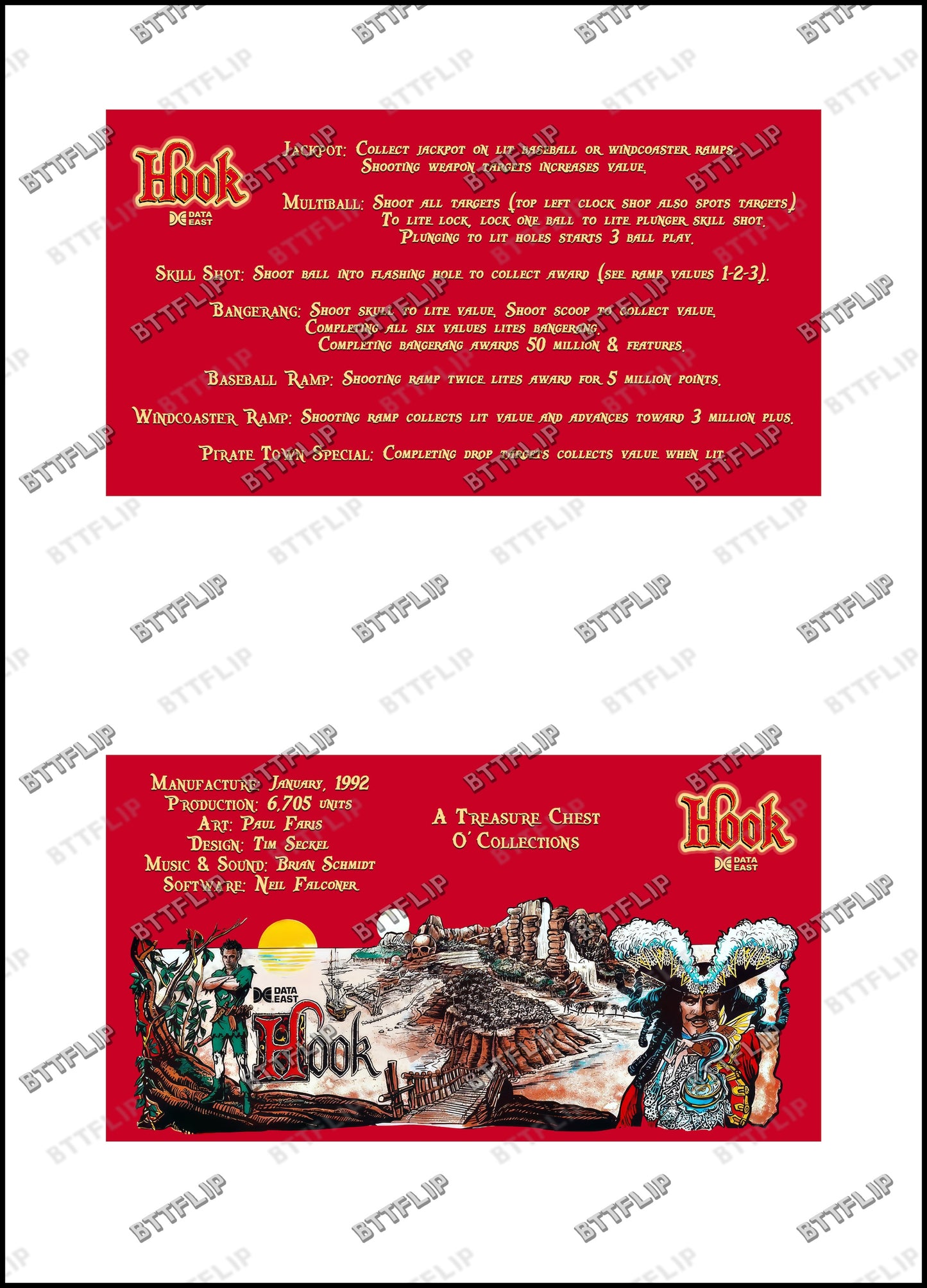 Data East Hook 1992 Game Cards Rules Instructions Pinball Custom Apron V3