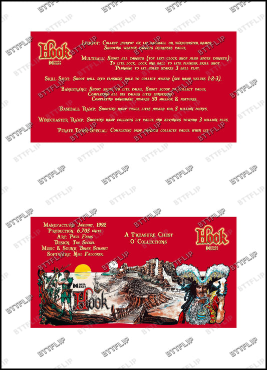 Data East Hook 1992 Jeu Cartes règles Instructions Flipper Custom Apron V3