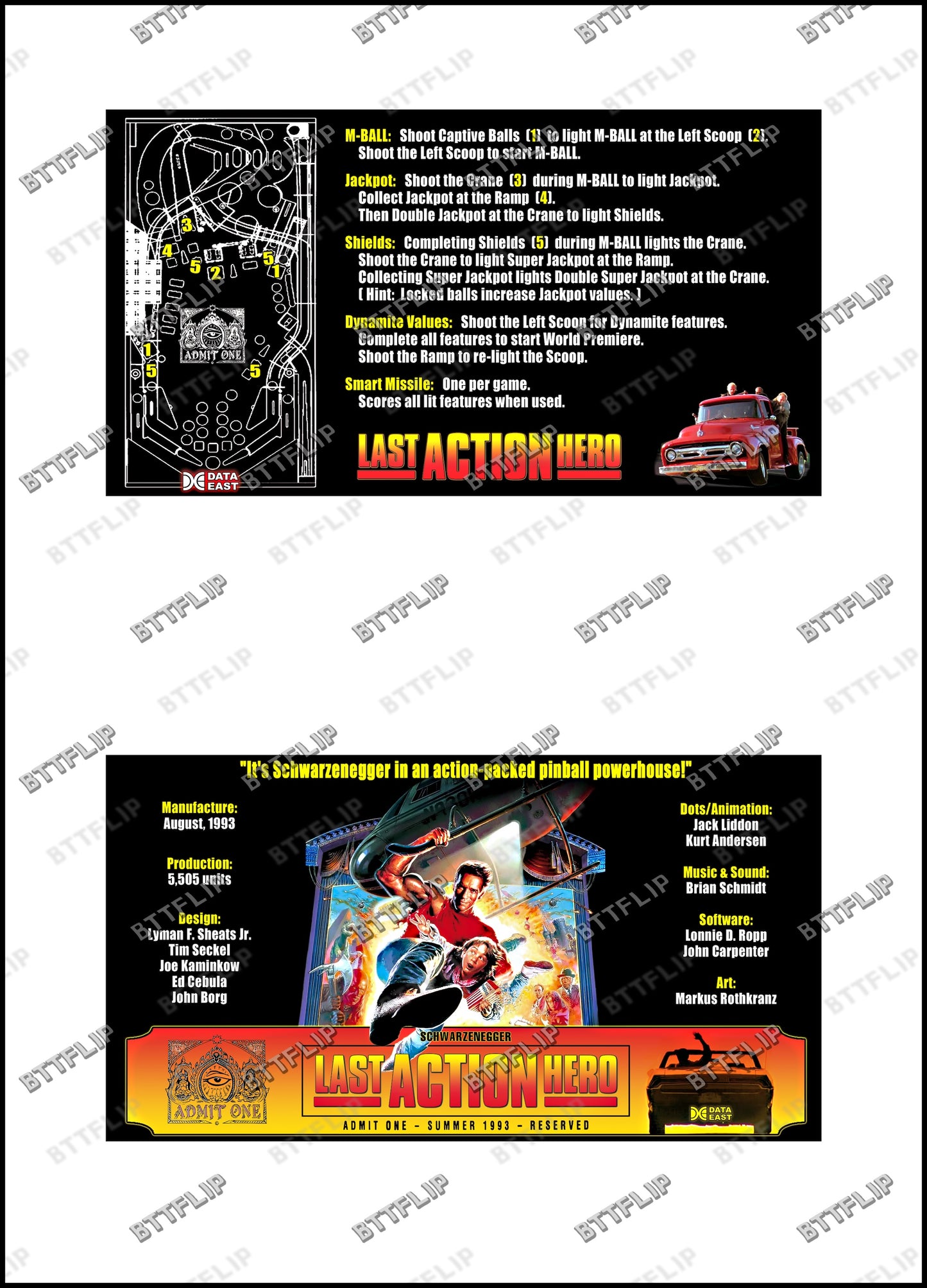 Data East Last Action Hero 1993 Juego Cartas reglas Instrucciones Pinball Delantal Personalizado V3